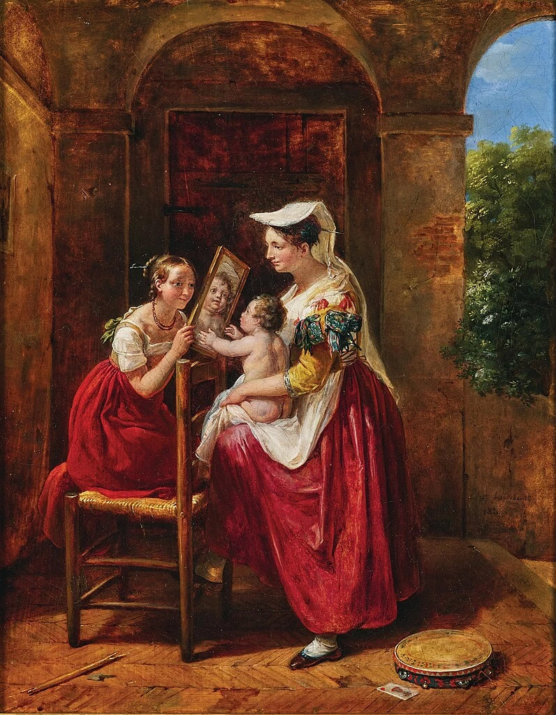 Una bambina che si guarda allo specchio
